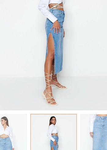 Açık Mavi Midi Boy Yırtmaçlı Denim Etek - Görsel 3