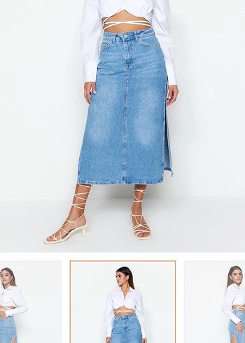 Açık Mavi Midi Boy Yırtmaçlı Denim Etek - Görsel 2