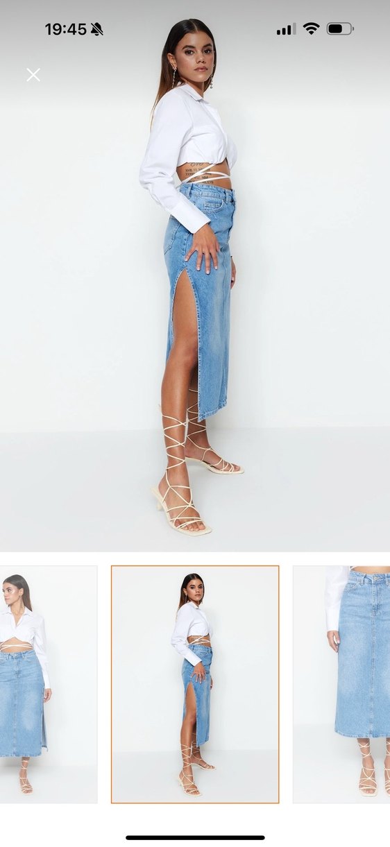 Açık Mavi Midi Boy Yırtmaçlı Denim Etek - Görsel 3