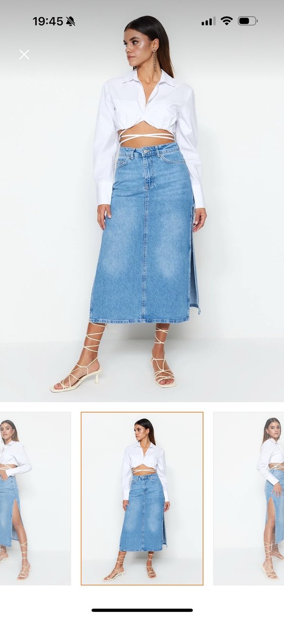 Açık Mavi Midi Boy Yırtmaçlı Denim Etek - Görsel 2