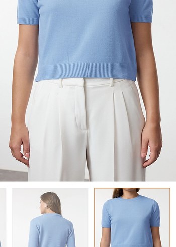 Mavi Pamuklu Kısa Kollu Kadın Kazak - Görsel 5