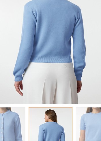 Mavi Pamuklu Kısa Kollu Kadın Kazak - Görsel 4