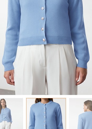 Mavi Pamuklu Kısa Kollu Kadın Kazak - Görsel 3