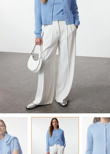 Mavi Pamuklu Kısa Kollu Kadın Kazak - Görsel 2