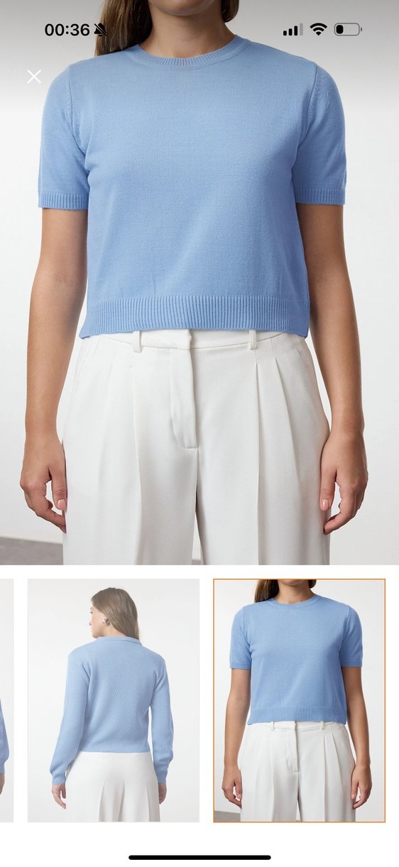 Mavi Pamuklu Kısa Kollu Kadın Kazak - Görsel 5