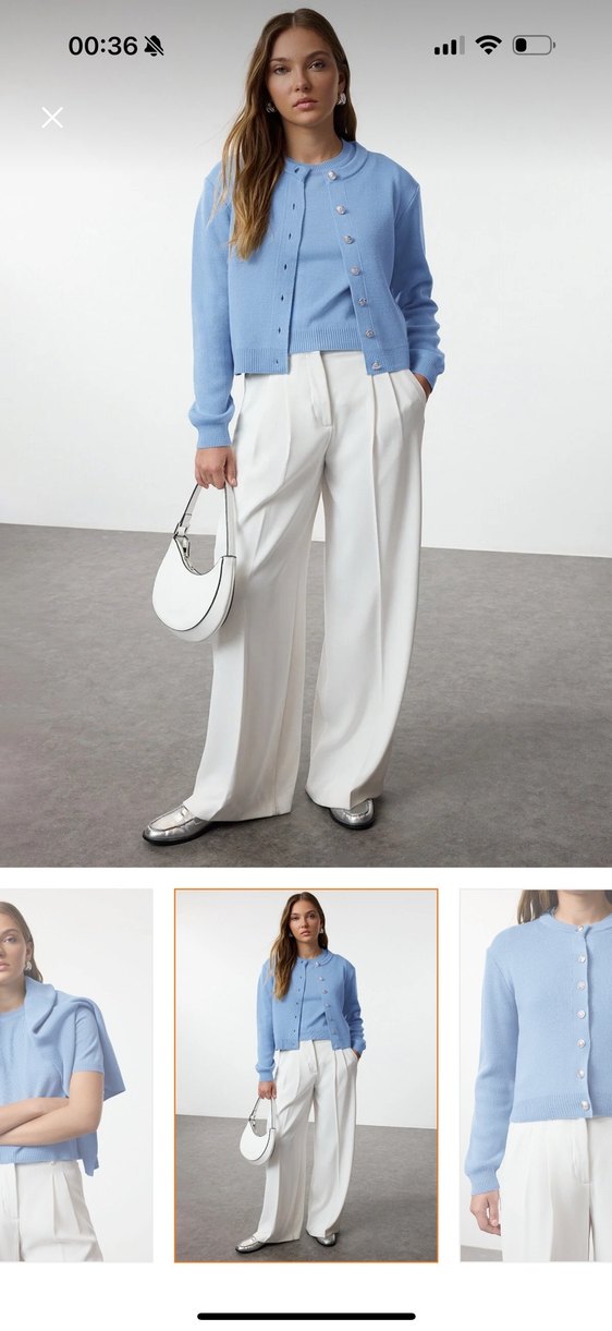 Mavi Pamuklu Kısa Kollu Kadın Kazak - Görsel 2