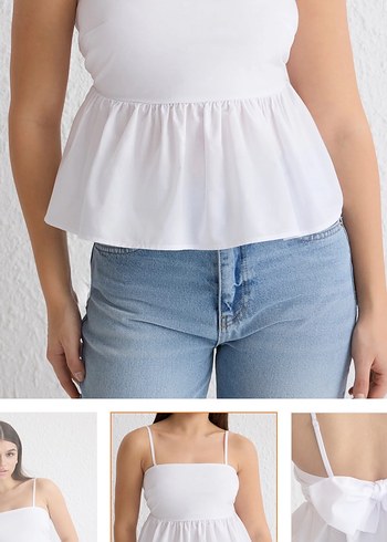 Beyaz İnce Askılı Denim Bluz - Görsel 3