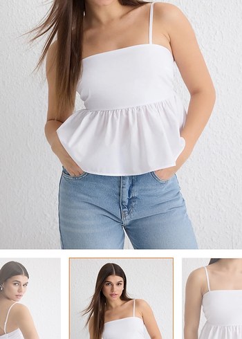 Beyaz İnce Askılı Denim Bluz - Görsel 2