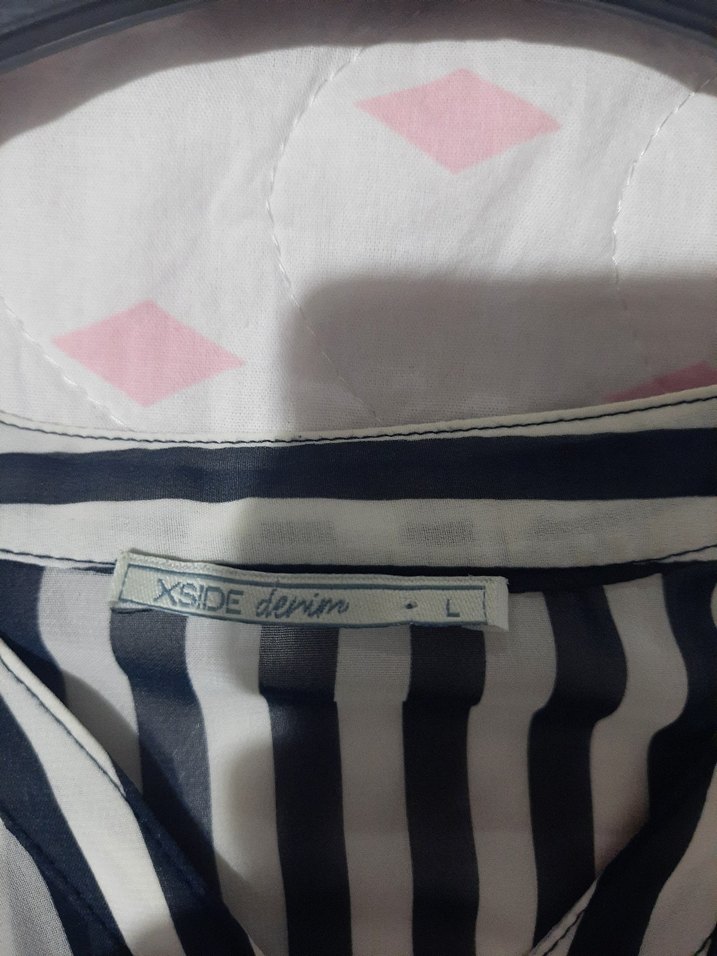 Düğmeli Uzun Kollu Mavi beyaz çizgili şifon Gömlek - Görsel 3