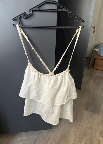 Beyaz Nakışlı Keten Mini Bohem Bluz