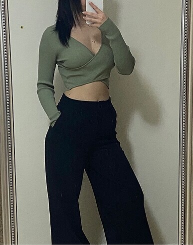 xs Beden Uzun Kollu Kruvaze Crop