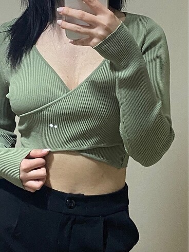 xs Beden haki Renk Uzun Kollu Kruvaze Crop