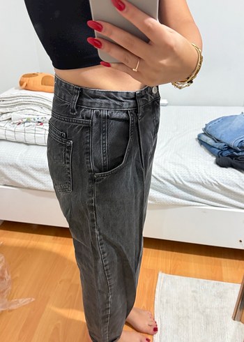 Pull and Bear Gri Rahat Kesim Midi Boy Kadın Denim Pantolon