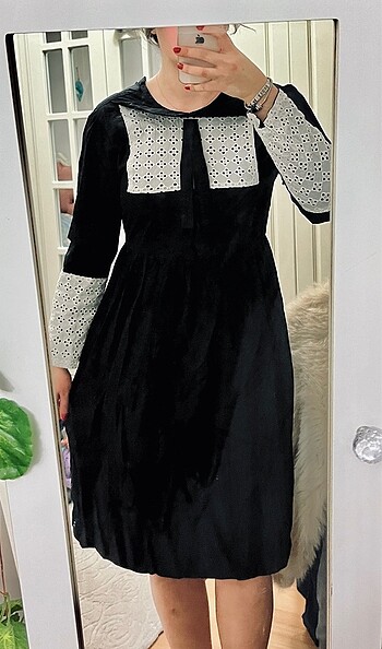 Siyah Fransız Model Bebe Yaka vintage elbise midi s-m - Görsel 2