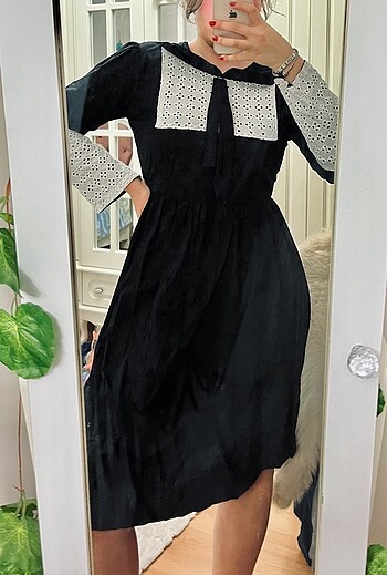 Siyah Fransız Model Bebe Yaka vintage elbise midi s-m - Görsel 3