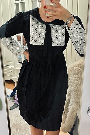 Siyah Fransız Model Bebe Yaka vintage elbise midi s-m - Görsel 4