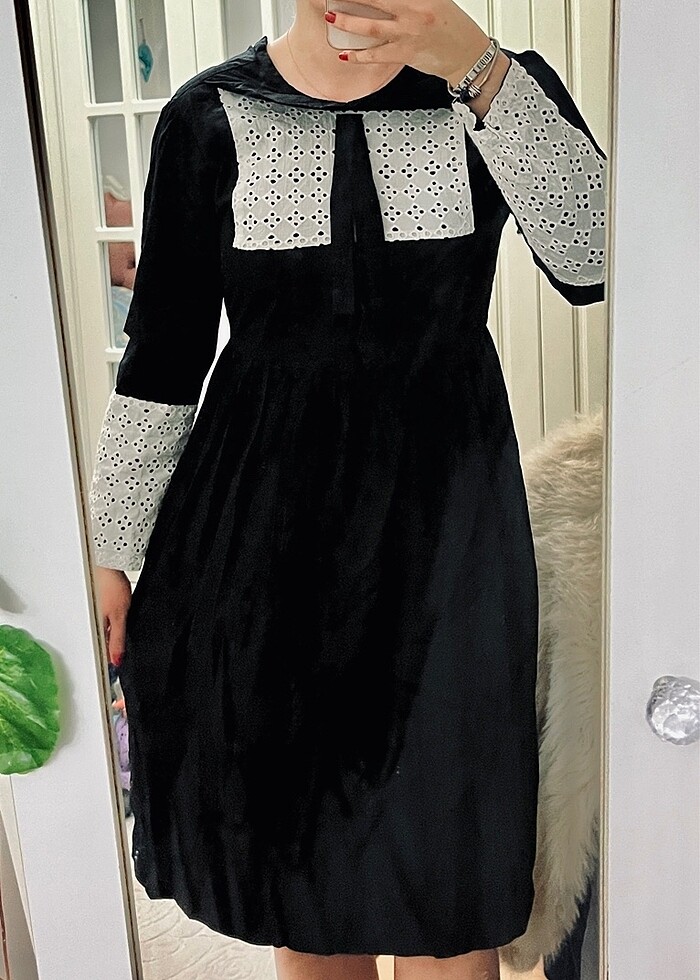 Siyah Fransız Model Bebe Yaka vintage elbise midi s-m - Görsel 2