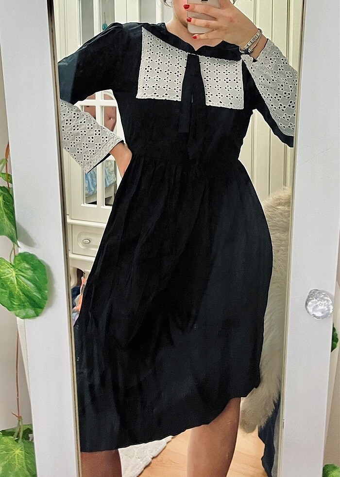 Siyah Fransız Model Bebe Yaka vintage elbise midi s-m - Görsel 3