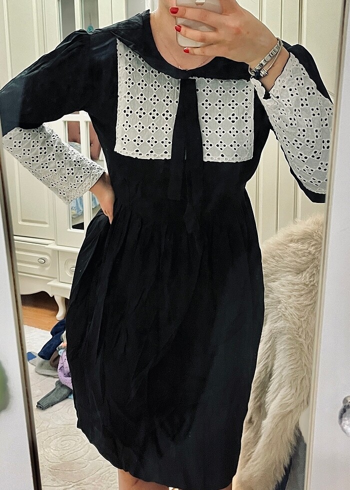 Siyah Fransız Model Bebe Yaka vintage elbise midi s-m - Görsel 4