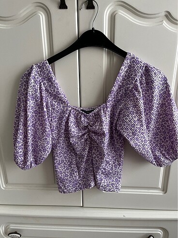 Çiçekli Madonna Yaka Crop Bluz S-M - Görsel 2