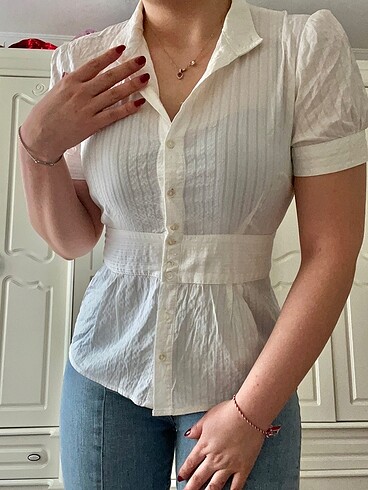 Bej Vintage Kemerli Gömlek S-M - Görsel 2