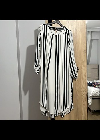 Çizgili Pilili Uzun Kollu Kadın Tunik - Görsel 3