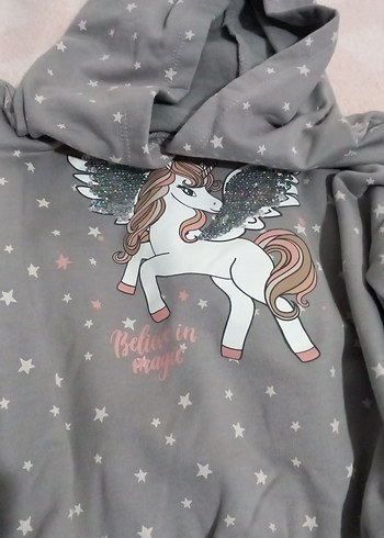 LC Waikiki Kız Çocuk Gri Kapüşonlu Unicornlu Eşofman Takımı