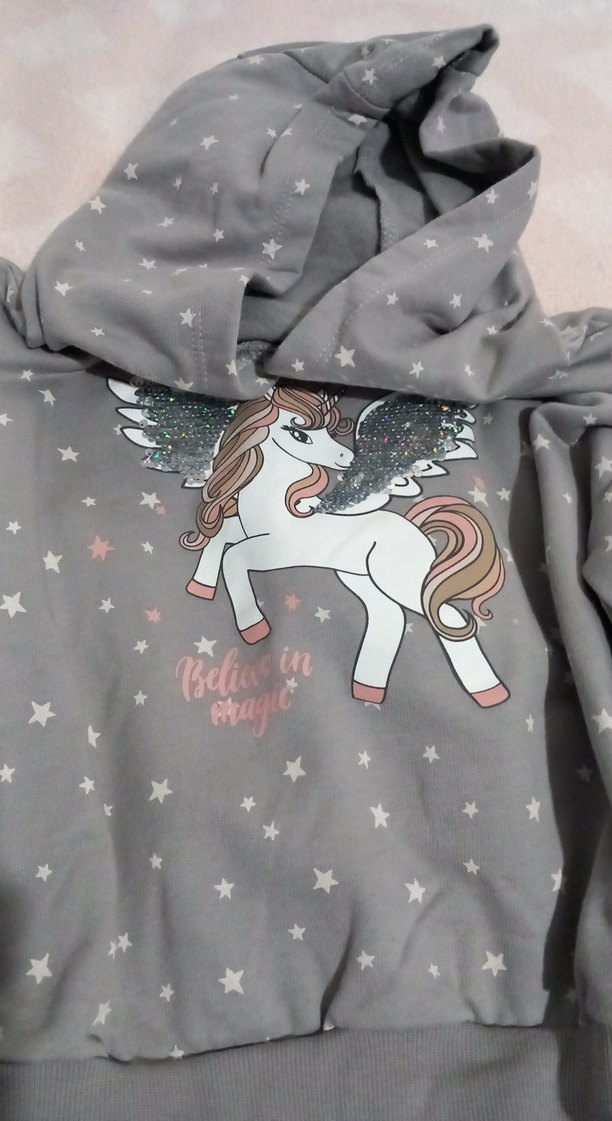 Kız Çocuk Gri Kapüşonlu Unicornlu Eşofman Takımı - Görsel 2