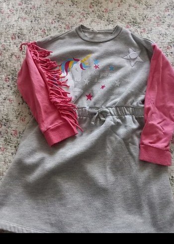 Püsküllü Gri ve Pembe Kız Elbisesi