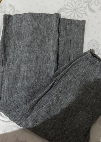 m Beden Gri Keten Düğmeli Midi Kadın Pantolon