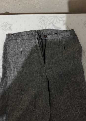 Gri Keten Düğmeli Midi Kadın Pantolon