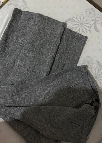 Diğer Gri Keten Düğmeli Midi Kadın Pantolon