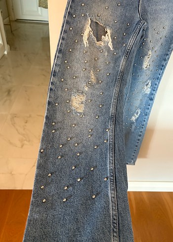xs Beden Troklu Detaylı Mavi Kadın Denim Pantolon