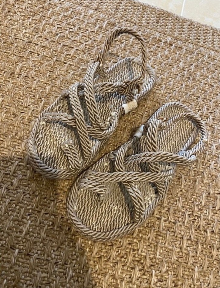 Örgü Dokulu Bej Hasır Sandalet - Görsel 2