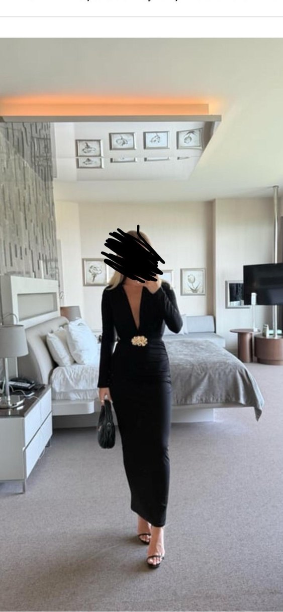 Siyah V Yaka Parlak Gotik Midi Elbise - Görsel 2