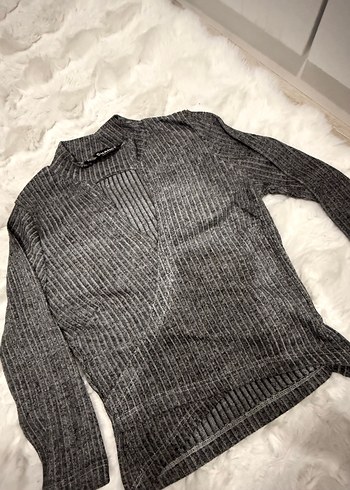 Gri V Yaka Fitilli Kadın Triko Kazak - Görsel 4