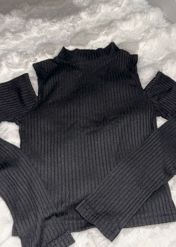 Siyah omzu açık Uzun Kollu İnce Triko Kazak - Görsel 2