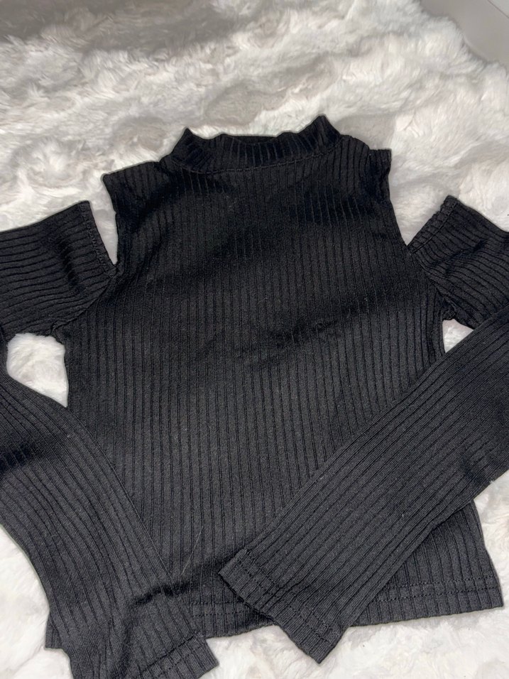 Siyah omzu açık Uzun Kollu İnce Triko Kazak - Görsel 2