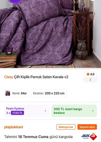 Mor Çift Kişilik Pamuk Saten Yatak Örtüsü 200x220 cm