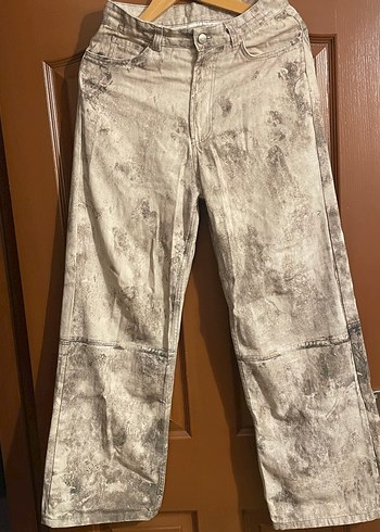 38 Beden Erkek Gri Beyaz Batik Desenli Denim Pantolon
