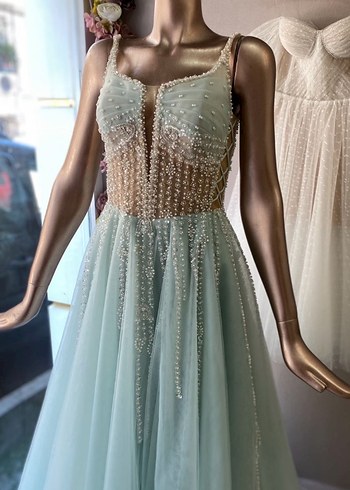 Boncuk İşlemeli nil yeşili Nişan Elbisesi - Görsel 3