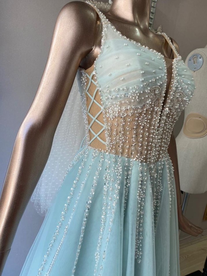 Boncuk İşlemeli nil yeşili Nişan Elbisesi - Görsel 2