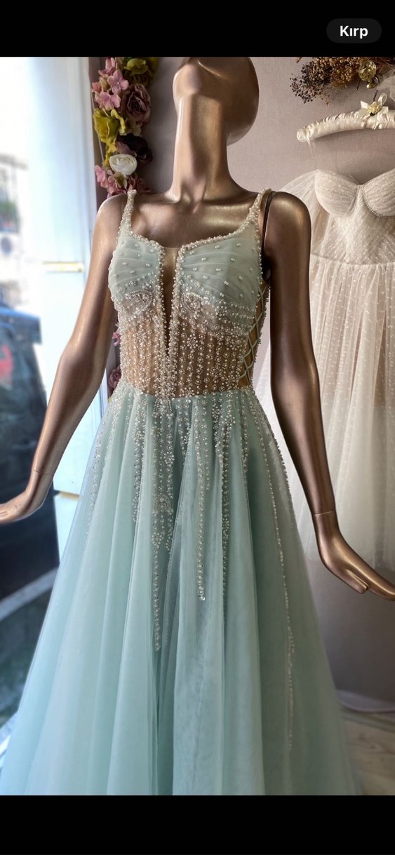 Boncuk İşlemeli nil yeşili Nişan Elbisesi - Görsel 3