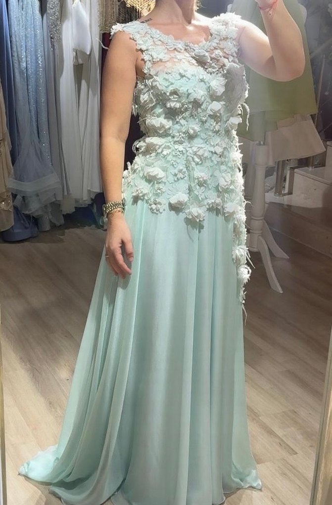 Turkuaz Dantel İşlemeli Uzun Bohem Abiye Elbise - Görsel 2