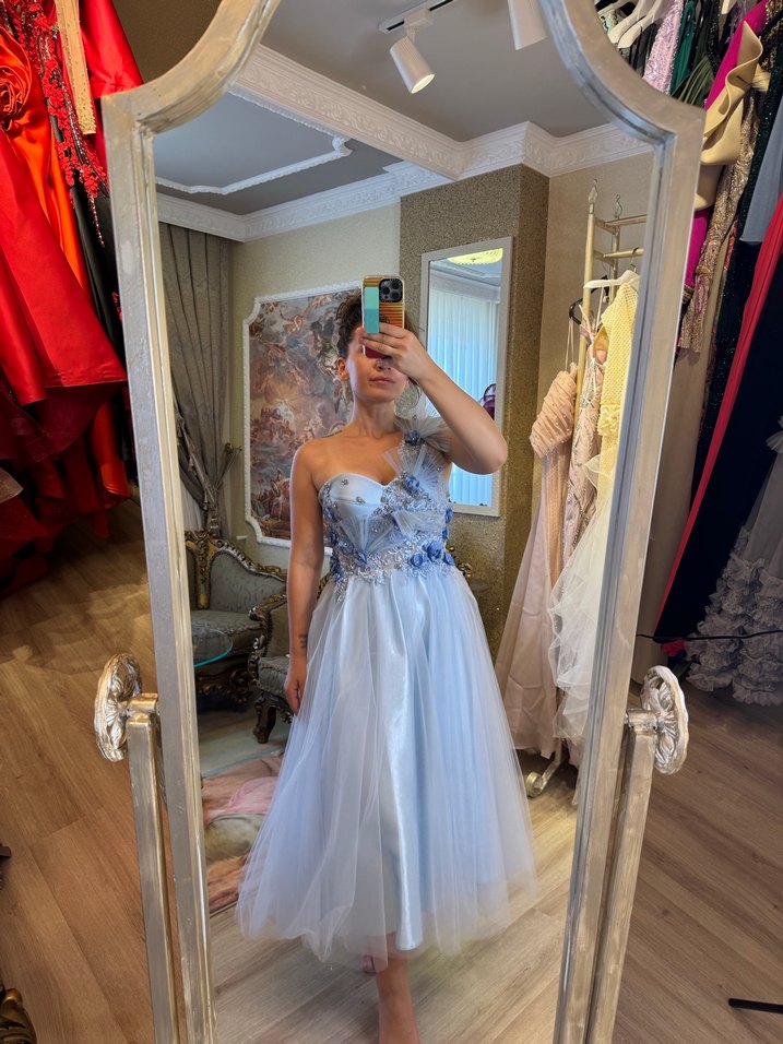 Mavi Straplez İşlemeli midi - Görsel 3