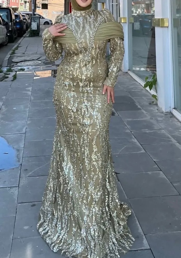 Altın Renkli Uzun Kollu Yılan Desenli Abiye Elbise - Görsel 2