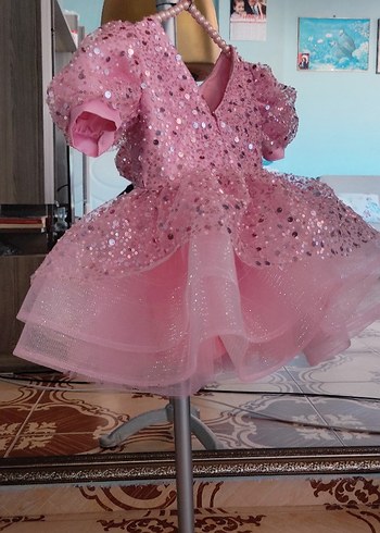 Diğer Pembe İşlemeli Kat Kat Kız Çocuk Elbisesi