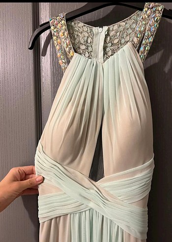 Bej Drapeli V Yakalı Sırt Dekolteli Uzun Abiye Elbise - Görsel 3