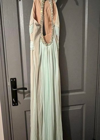 Bej Drapeli V Yakalı Sırt Dekolteli Uzun Abiye Elbise - Görsel 5