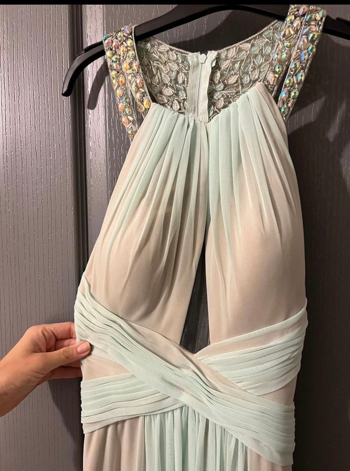 Bej Drapeli V Yakalı Sırt Dekolteli Uzun Abiye Elbise - Görsel 3